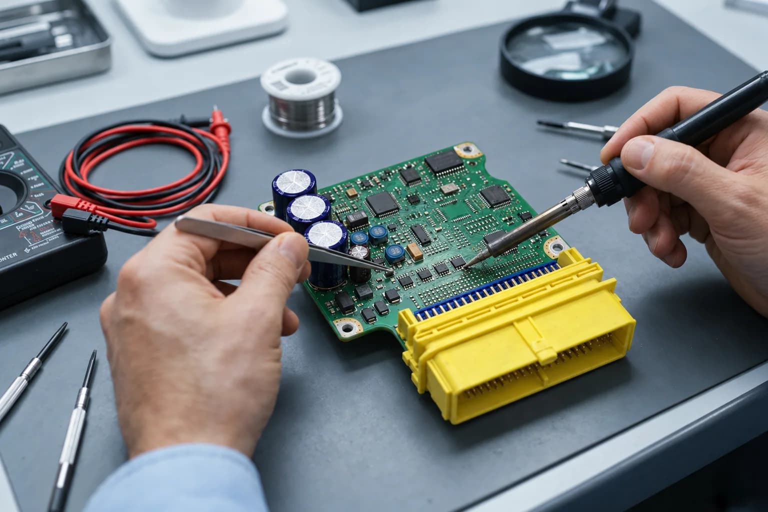 Tecnico che salda la scheda elettronica di una centralina airbag smontata