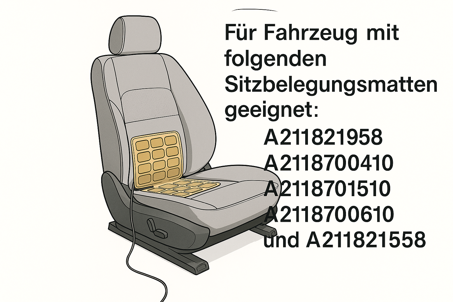 Bitte dieses Bild verwenden und als Hinweis im Bild ``Für Fahrzeug mit folgenden Sitzbelegunsmatten geeignet A2118211958, A2118700410, A2118701510, A2118700610 und A2118211558